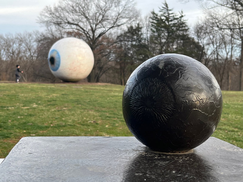 A small bronze sculpture of a human eye sits on a podium. In the background is a comically large colored version of that eyeball a patchy field.