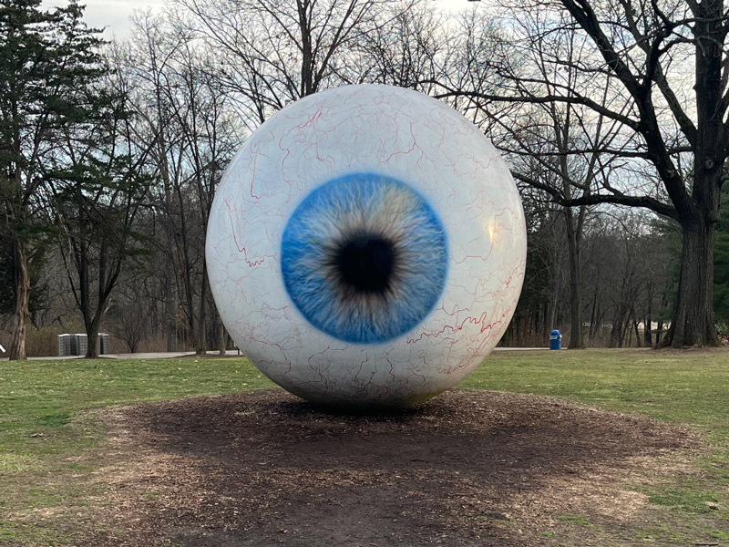 A large, 12-foot-tall sculpture of a perfectly round human eyeball sits on a patchy field.