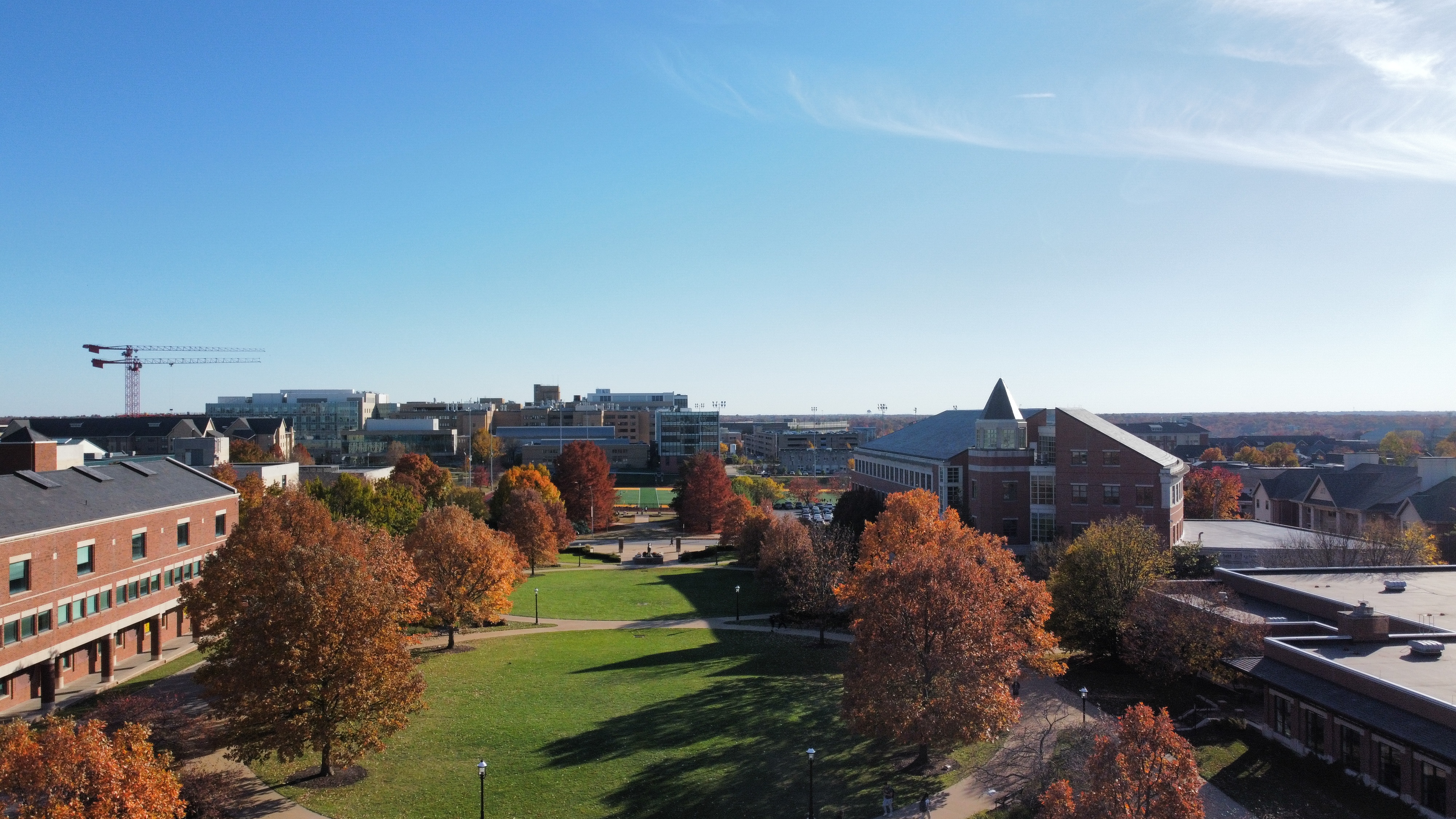 Trees covered with dark yellow and red fall leaves create an outline of Carnahan Quad on MU's campus.