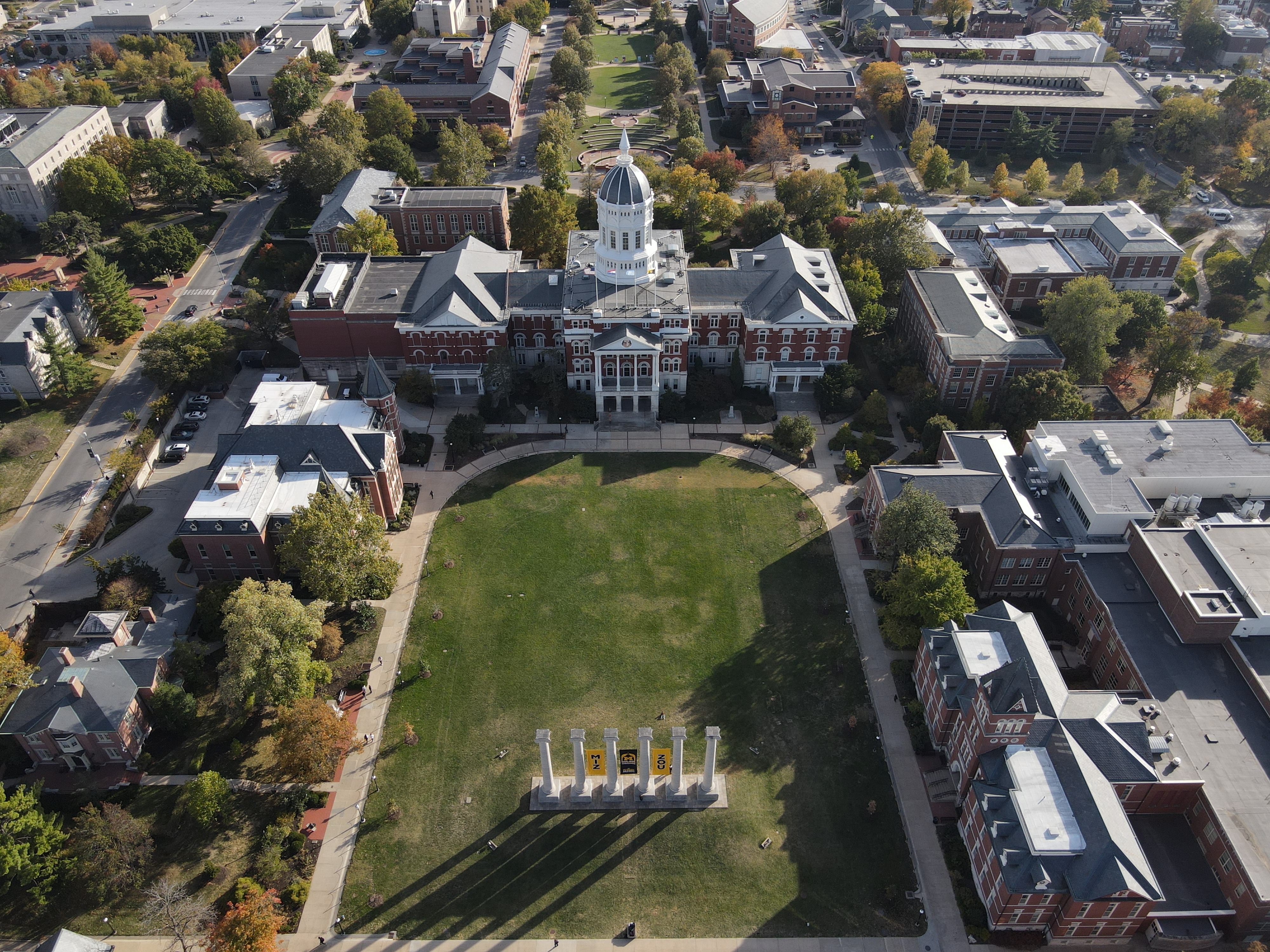 This aerial photo shows the columns, Jesse Hall and other buildings on Francis Quad on a sunny day in November.