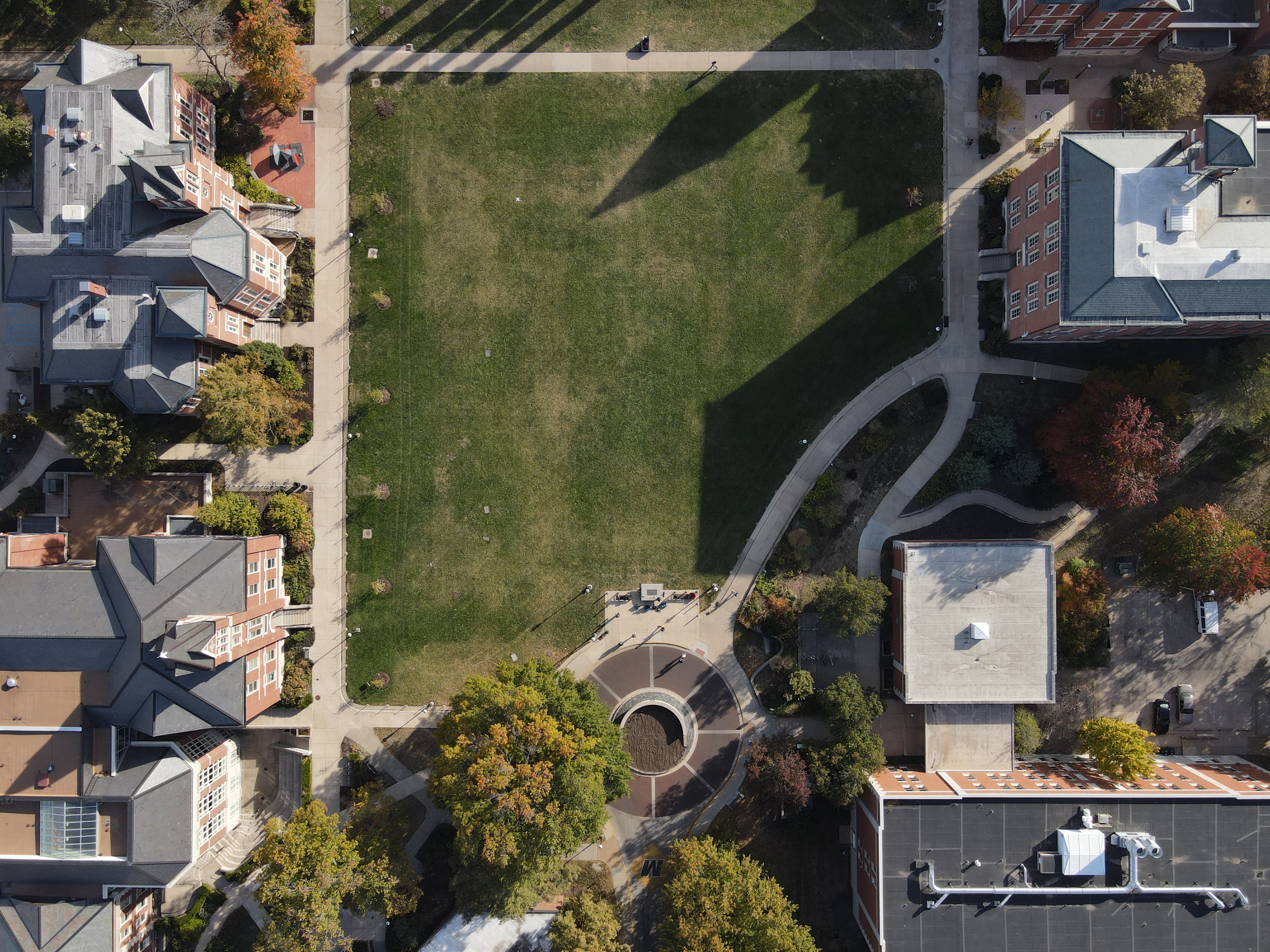 Half of Francis Quad is shown in this photo, along with the circle drive at the north side of Francis Quad.