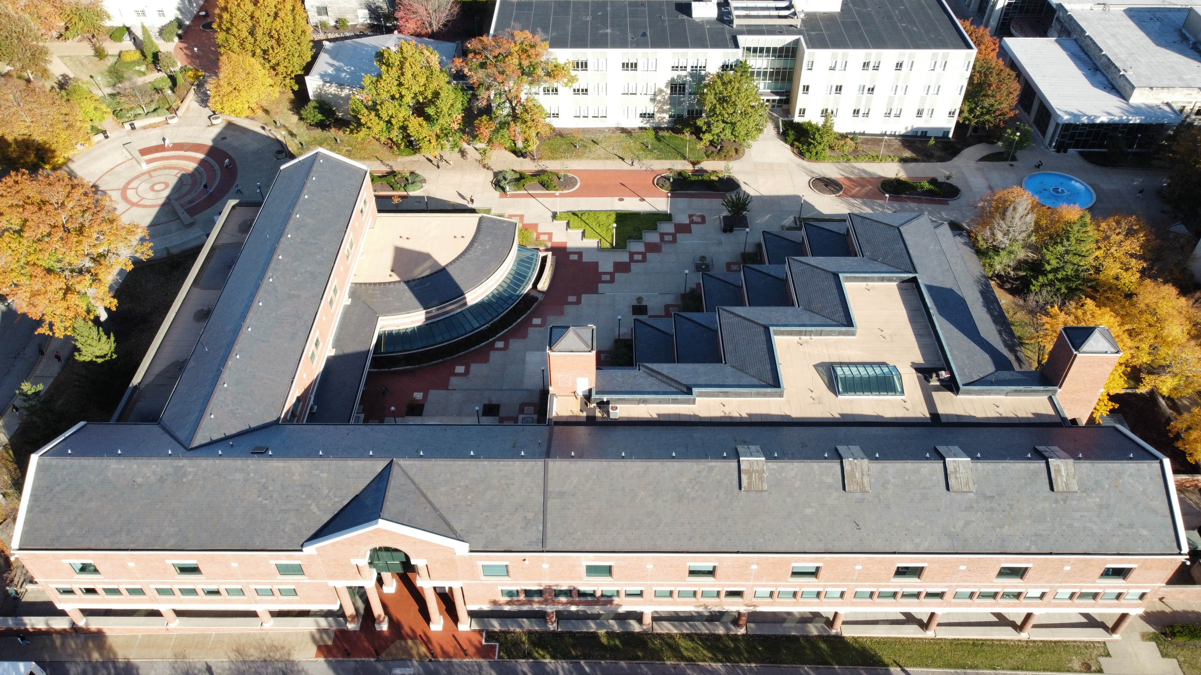 A drone shot from 150 feet above ground shows the unique geometry of the Law School building on MU's campus.